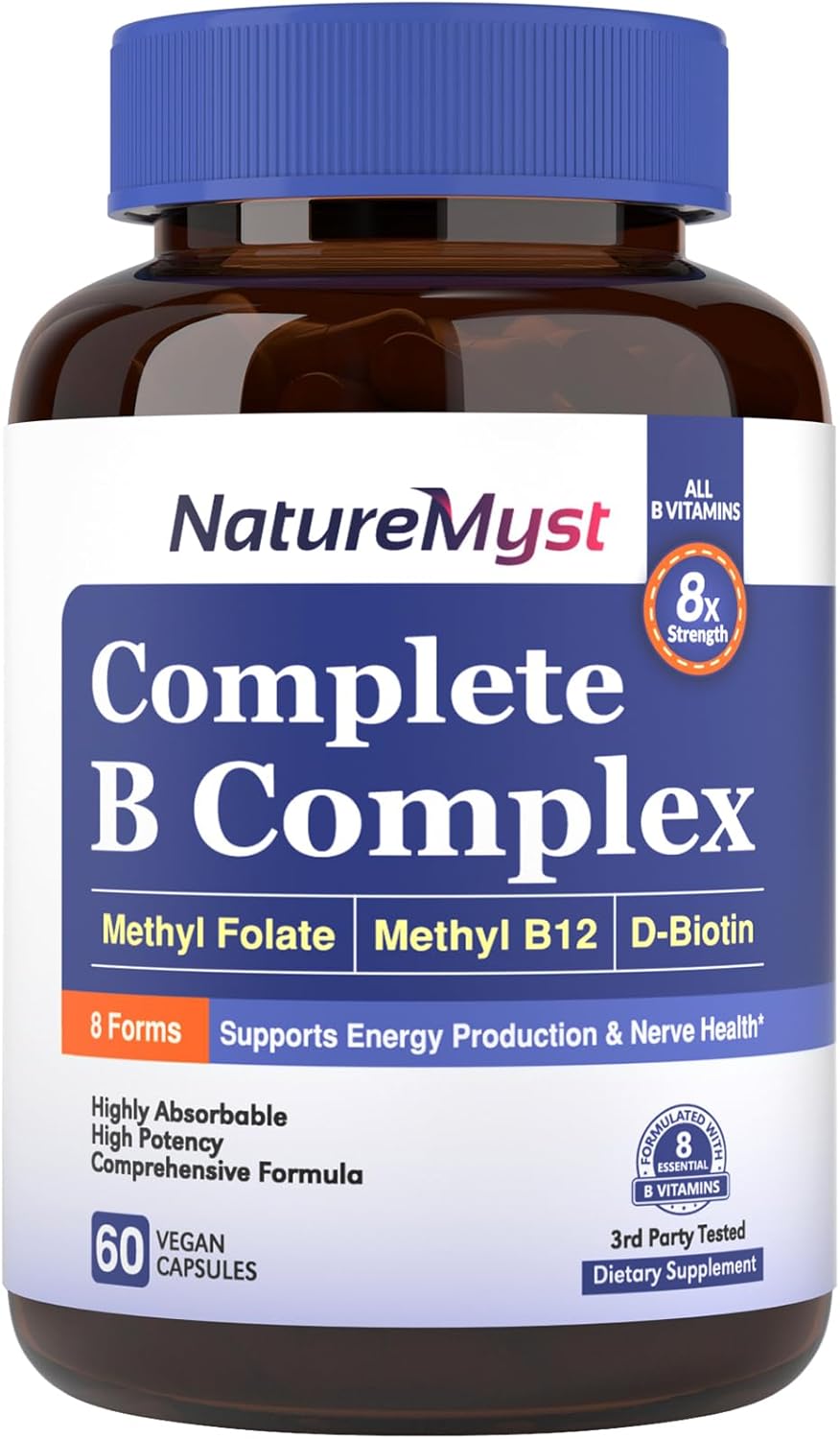 Highly Absorbable NatureMyst Complete B Complex - 60 Vegan Capsules - Energy Production - Methyl B12, Methyl Folate, Biotin - P-5-P - All 8 B Vitamins