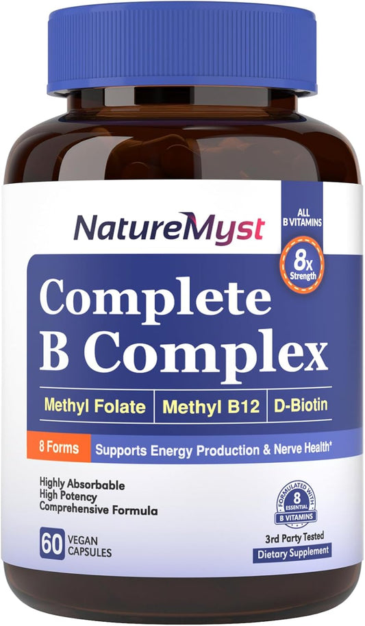 Highly Absorbable NatureMyst Complete B Complex - 60 Vegan Capsules - Energy Production - Methyl B12, Methyl Folate, Biotin - P-5-P - All 8 B Vitamins
