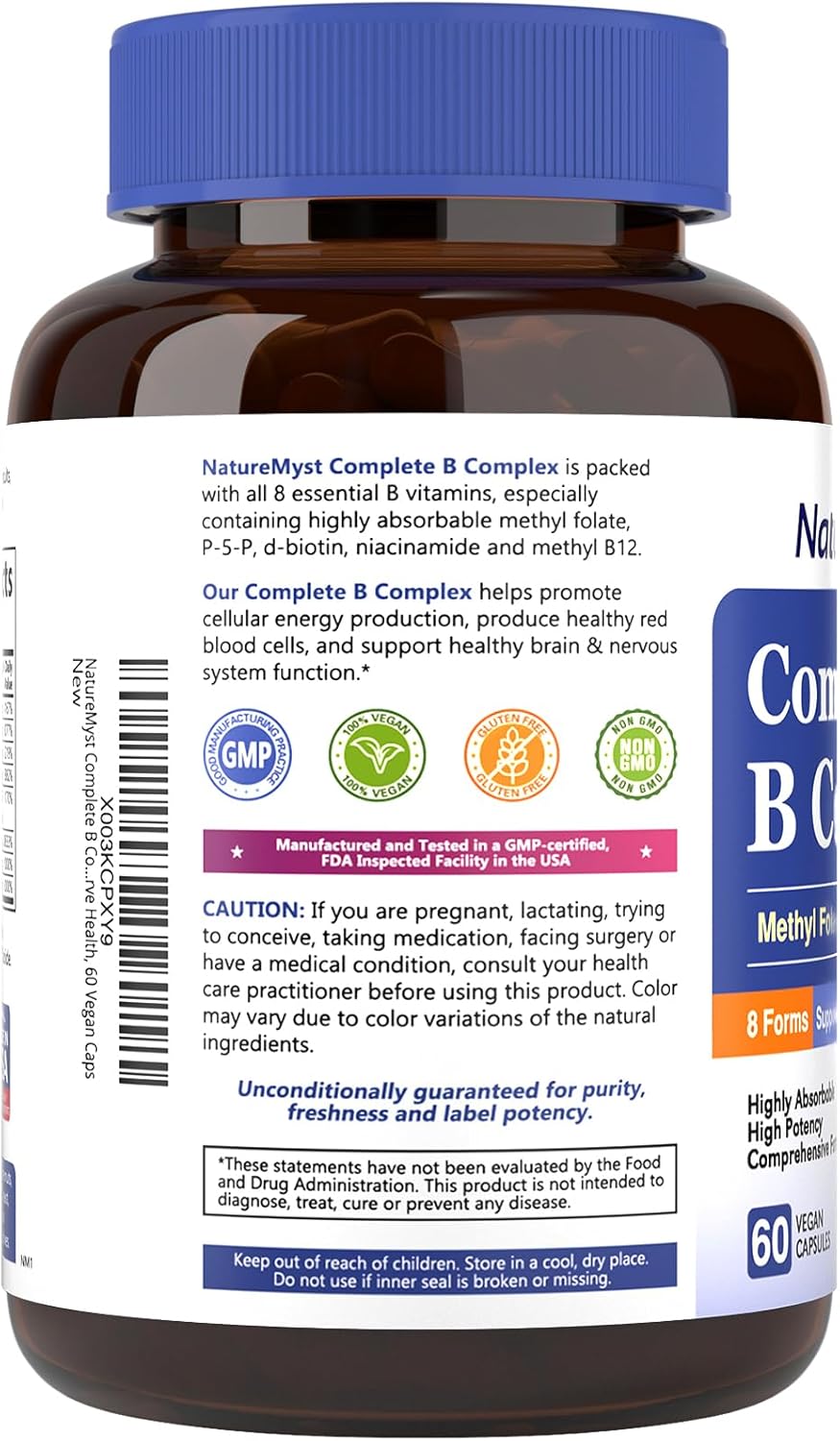Highly Absorbable NatureMyst Complete B Complex - 60 Vegan Capsules - Energy Production - Methyl B12, Methyl Folate, Biotin - P-5-P - All 8 B Vitamins