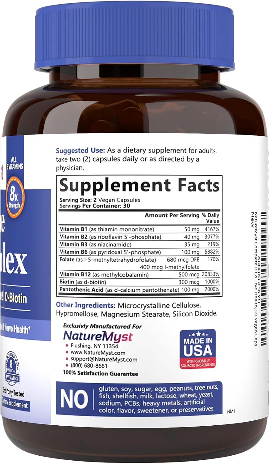 Highly Absorbable NatureMyst Complete B Complex - 60 Vegan Capsules - Energy Production - Methyl B12, Methyl Folate, Biotin - P-5-P - All 8 B Vitamins