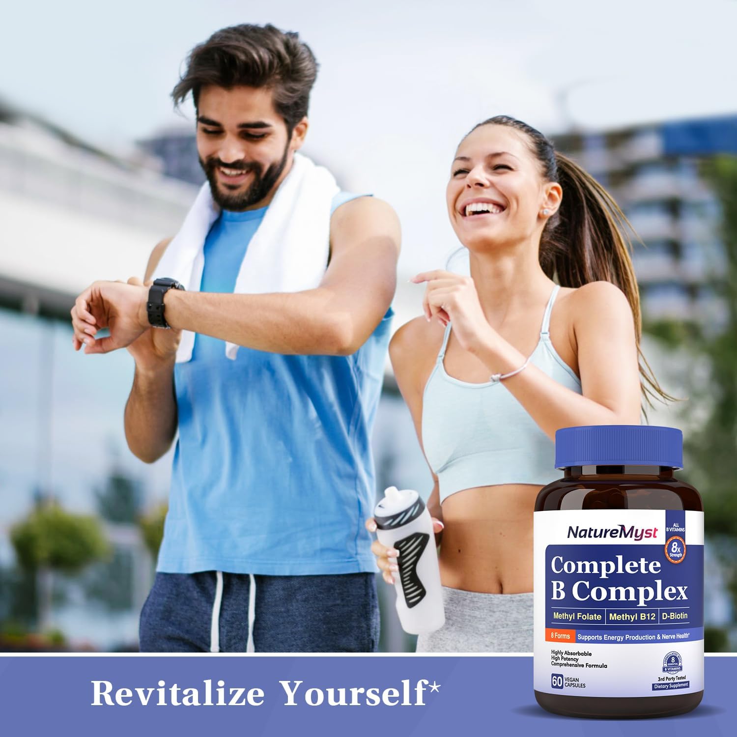 Highly Absorbable NatureMyst Complete B Complex - 60 Vegan Capsules - Energy Production - Methyl B12, Methyl Folate, Biotin - P-5-P - All 8 B Vitamins