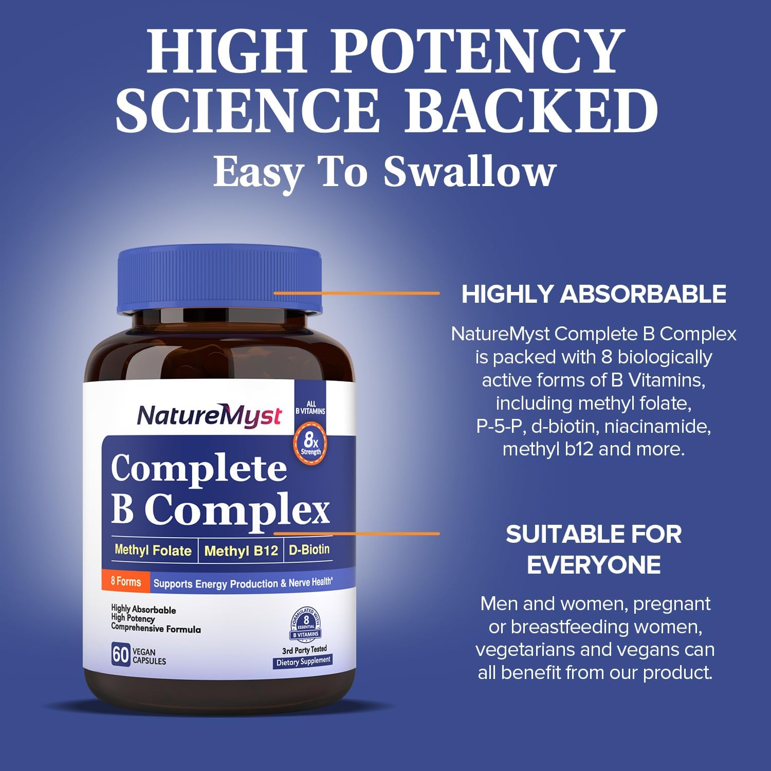 Highly Absorbable NatureMyst Complete B Complex - 60 Vegan Capsules - Energy Production - Methyl B12, Methyl Folate, Biotin - P-5-P - All 8 B Vitamins