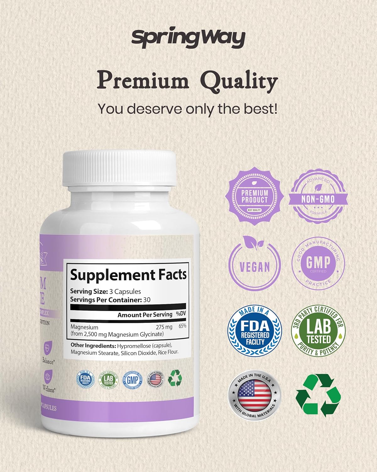 Highly Absorbable Spring Way Magnesium Glycinate 2500mg Capsules for Nutrient Support - Vegan & Gluten-Free, 90 Count