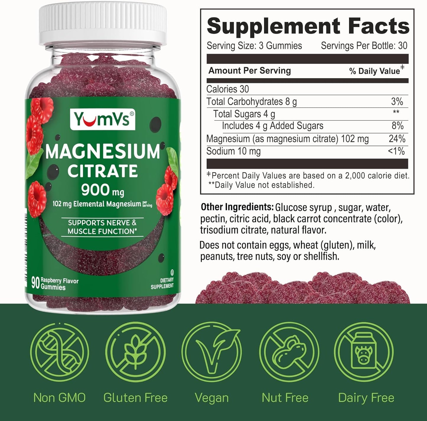 Highly Absorbable YUM-V'S Magnesium Citrate Gummies - 900mg Magnesium - Supports Nerve, Enzyme & Muscle Function - 90 Count (2 Pack) - BoostGo Australia