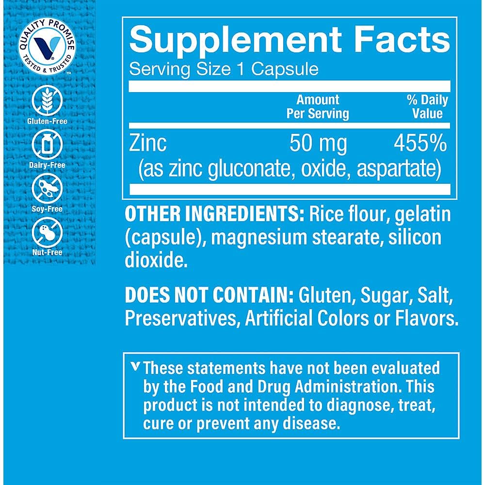 Highly Absorbable Zinc 50mg Capsules - Promotes Healthy Immune Function & Eye Health, Antioxidant Supplement - Gluten & Dairy Free - 100 Daily Servings