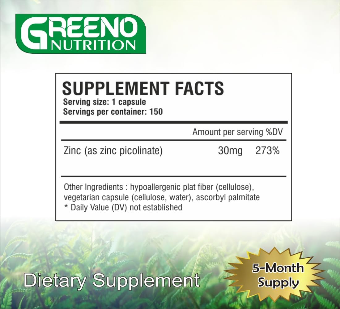 Highly Absorbable Zinc Picolinate Capsules 30mg - Immune System Support - 150 Count (5 Months) by GREENO NUTRITION