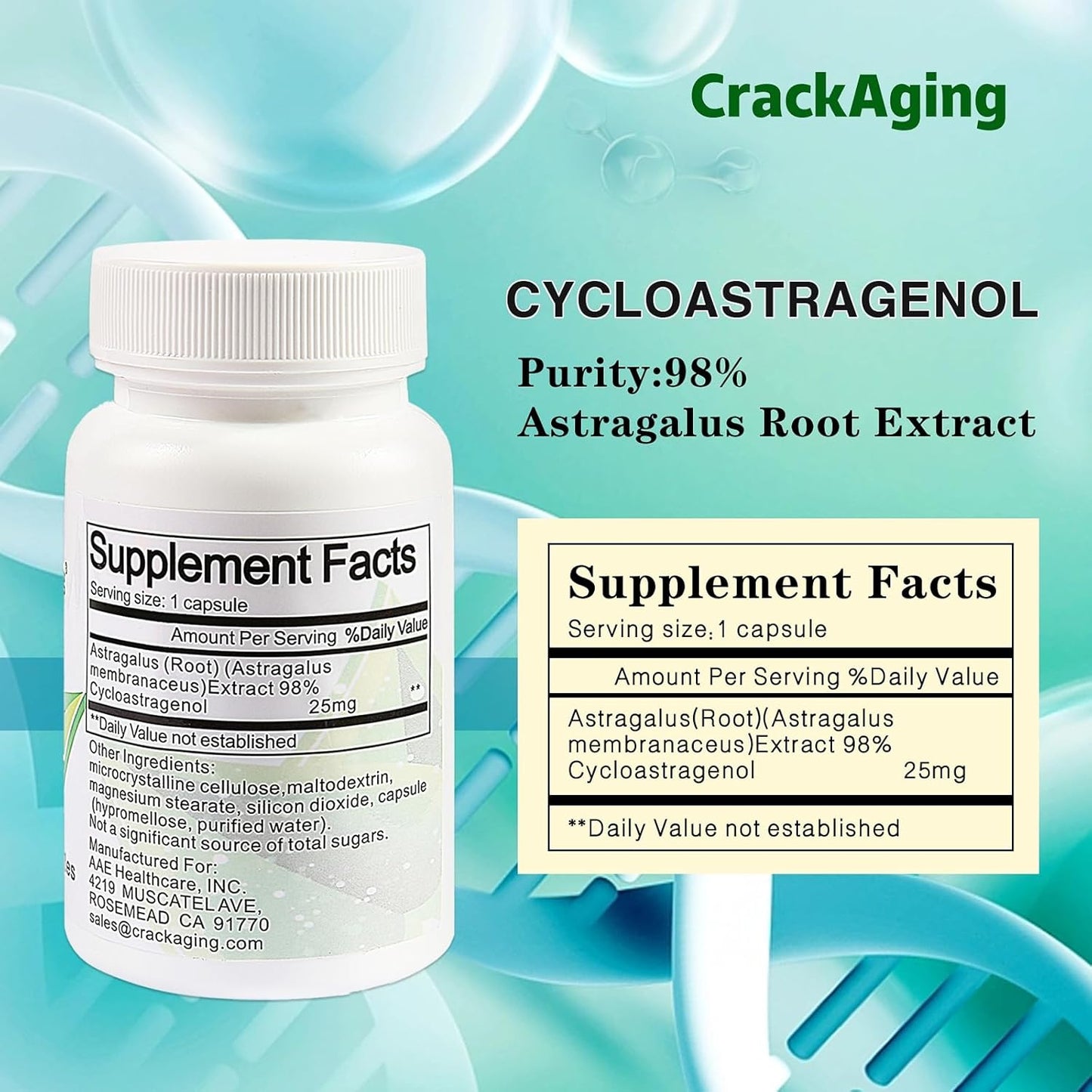Highly Absorbent Cycloastragenol 98% 25mg 60 Capsules - Anti-Aging Telomerase Activator for Cell Health and Longevity - Pack of 2 Bottles