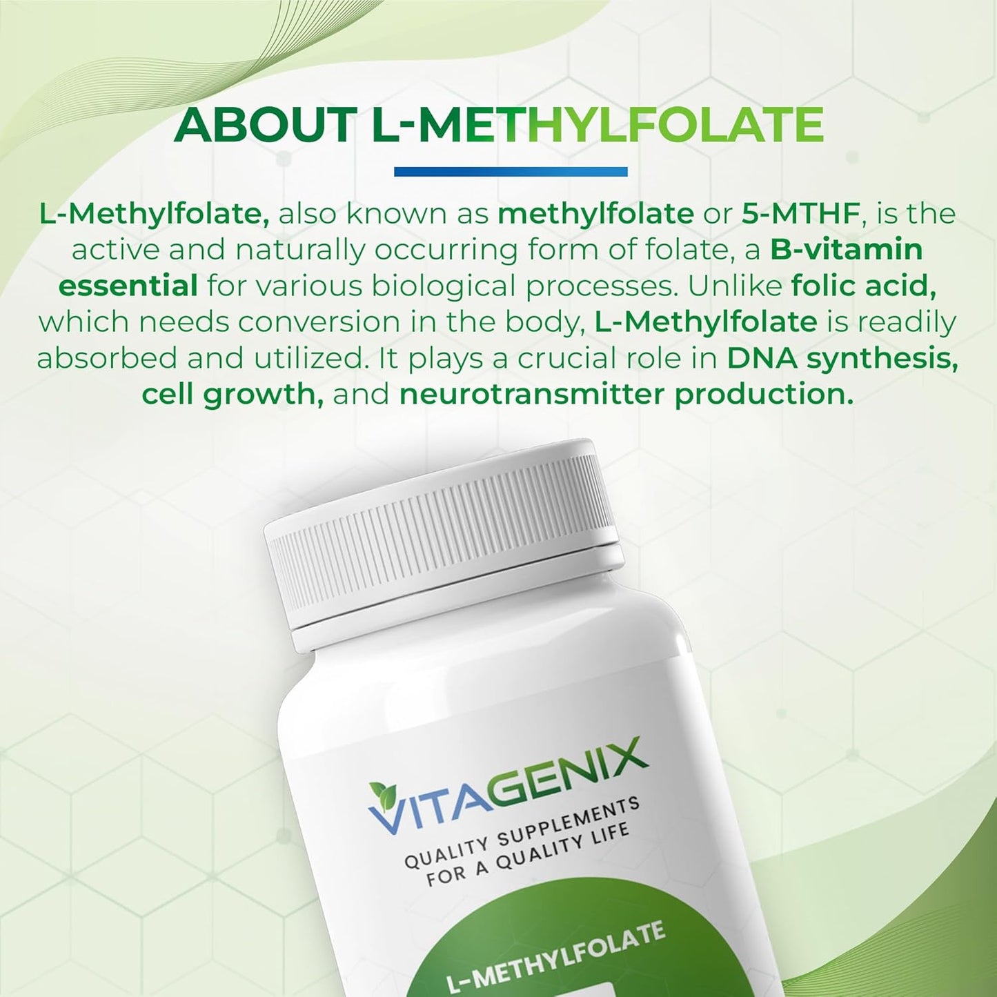 Highly Bioactive VITAGENIX L-Methylfolate Supplement for Mood & Immune Support - Optimized 15 Mg Methyl Folate