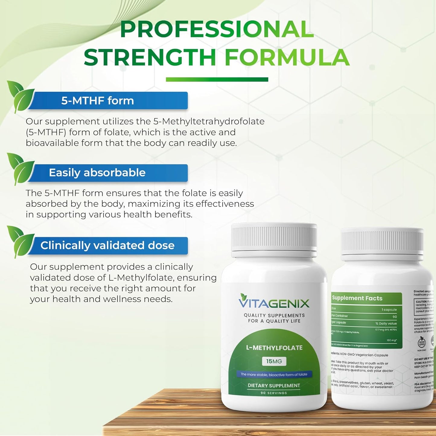 Highly Bioactive VITAGENIX L-Methylfolate Supplement for Mood & Immune Support - Optimized 15 Mg Methyl Folate