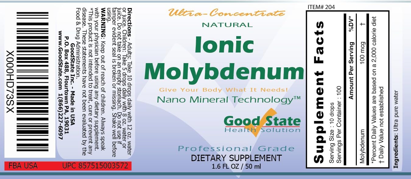 Highly Concentrated Good State Liquid Ionic Molybdenum Supplement - 100 Servings, 100 mcg per 10 Drops