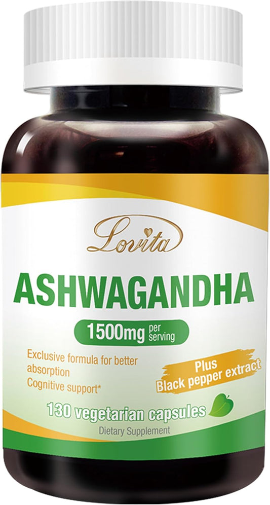 Highly Concentrated Lovita KSM-66 Ashwagandha Capsules with 5% Withanolide & 95% Black Pepper Piperine for Stress Relief & Energy Support - Vegan & Gluten Free - 130 Count