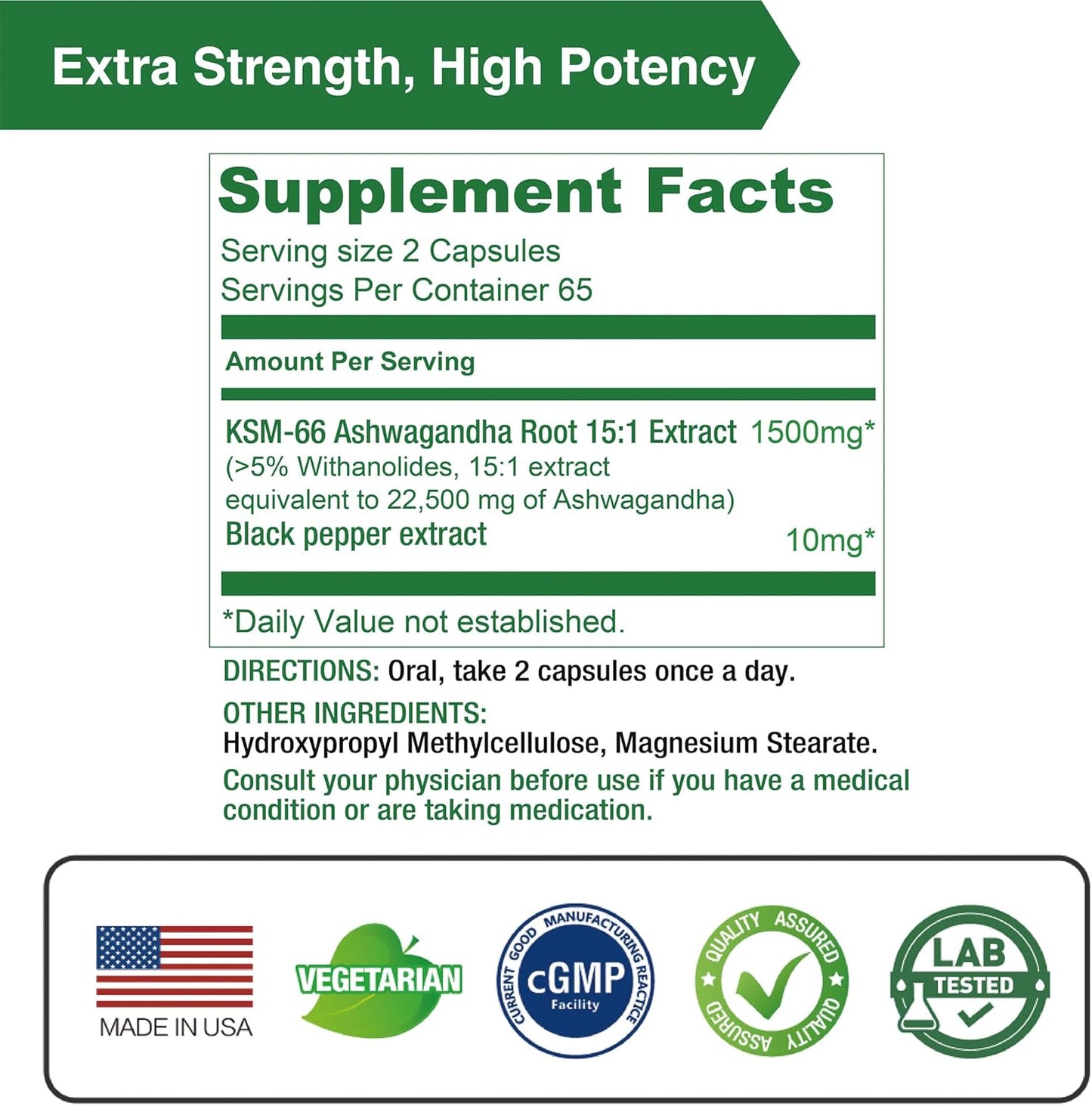 Highly Concentrated Lovita KSM-66 Ashwagandha Capsules with 5% Withanolide & 95% Black Pepper Piperine for Stress Relief & Energy Support - Vegan & Gluten Free - 130 Count