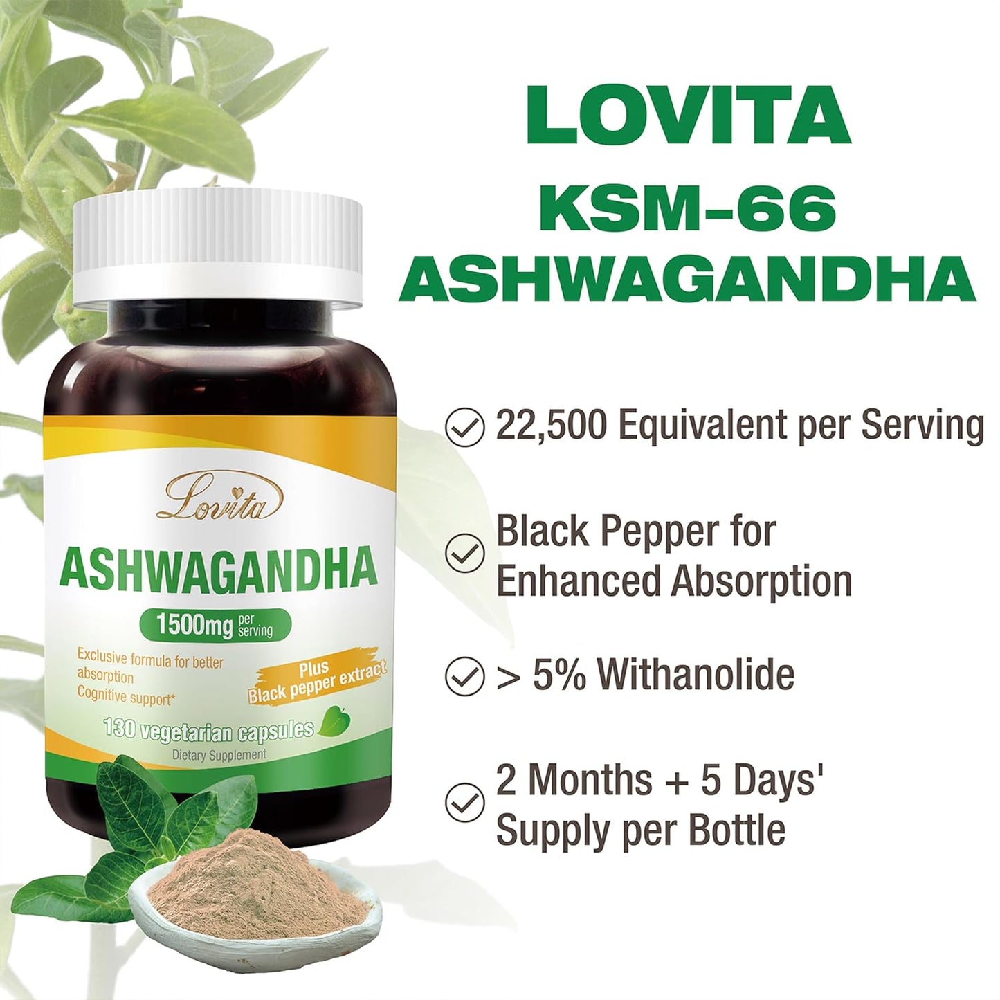 Highly Concentrated Lovita KSM-66 Ashwagandha Capsules with 5% Withanolide & 95% Black Pepper Piperine for Stress Relief & Energy Support - Vegan & Gluten Free - 130 Count