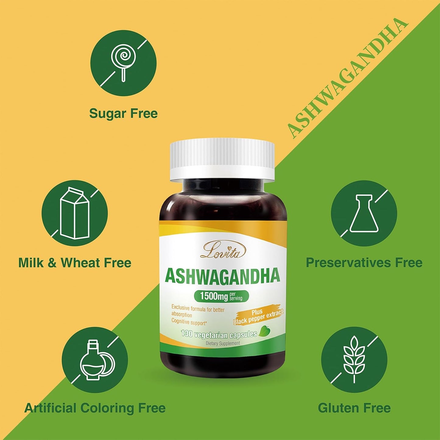 Highly Concentrated Lovita KSM-66 Ashwagandha Capsules with 5% Withanolide & 95% Black Pepper Piperine for Stress Relief & Energy Support - Vegan & Gluten Free - 130 Count