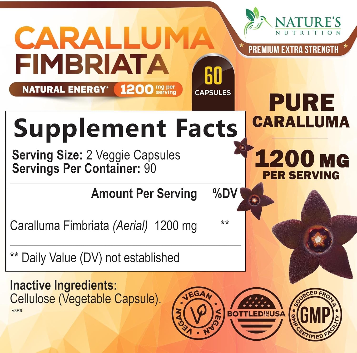 Highly Concentrated Pure Caralluma Fimbriata Extract 1200mg - Vegan Endurance Support Supplement for Men & Women - Non-GMO - 180 Capsules