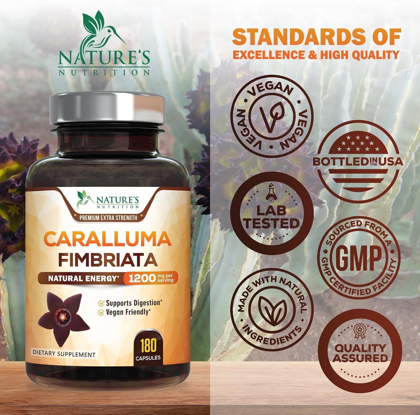 Highly Concentrated Pure Caralluma Fimbriata Extract 1200mg - Vegan Endurance Support Supplement for Men & Women - Non-GMO - 180 Capsules