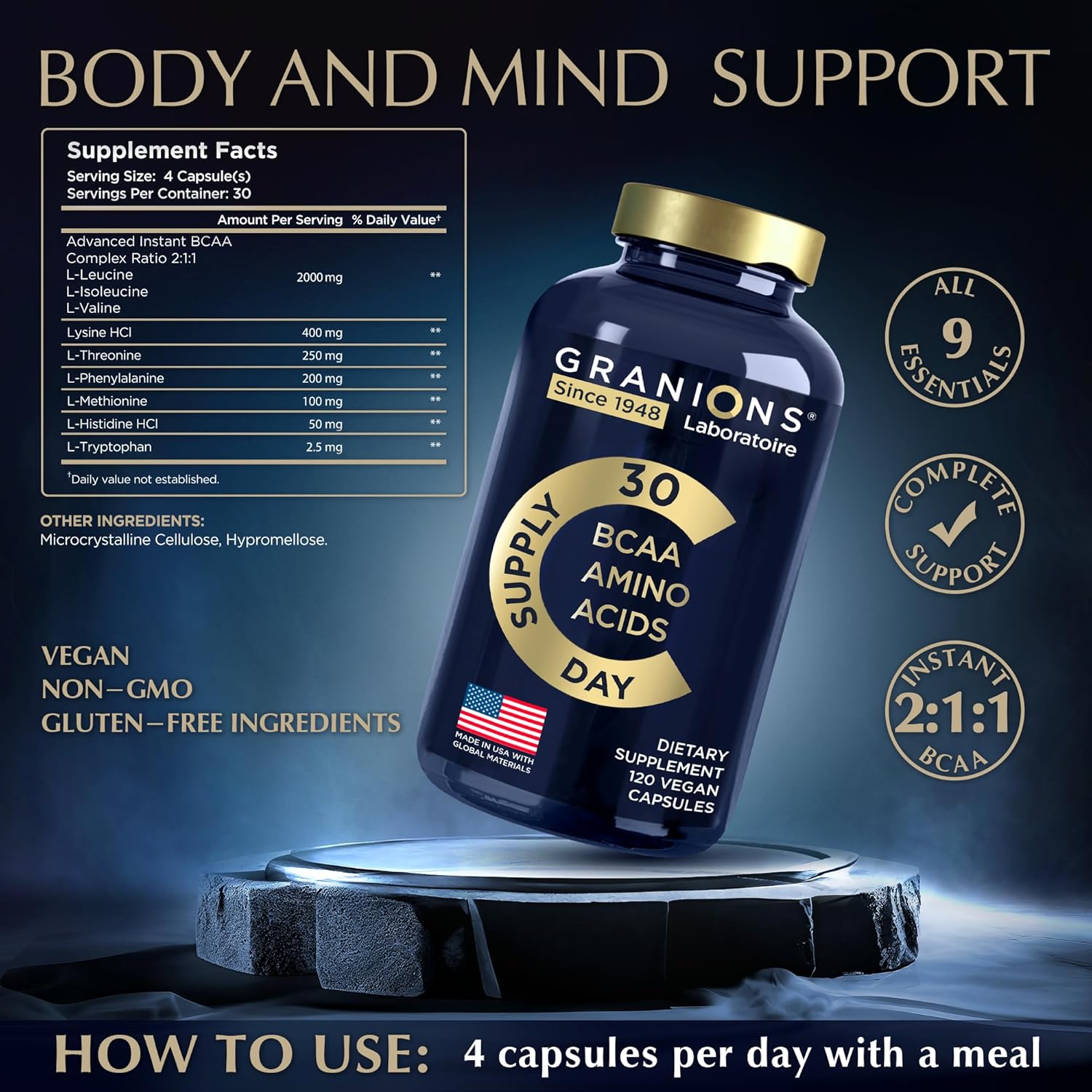 Highly Effective Essential Amino Acids Supplement for Optimal Energy & Muscle Recovery - 120 Vegan Capsules, All 9 BCAAs EAA Formula