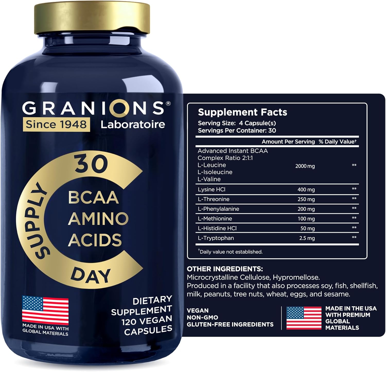 Highly Effective Essential Amino Acids Supplement for Optimal Energy & Muscle Recovery - 120 Vegan Capsules, All 9 BCAAs EAA Formula