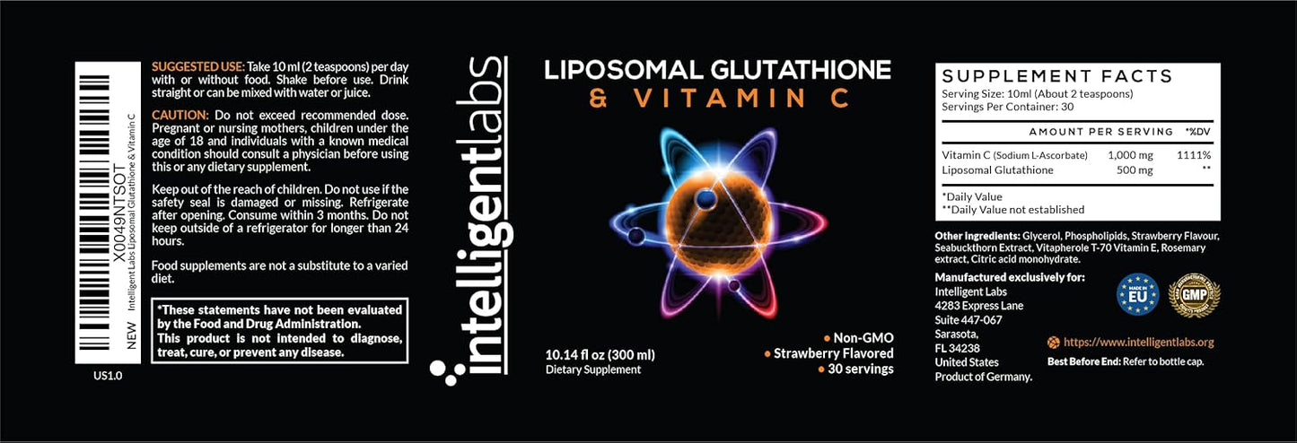 Highly Potent Liposomal Glutathione and Vitamin C Liquid Antioxidant Formula, 30 Servings, Soy Free, 500mg Glutathione + 1000mg Vitamin C