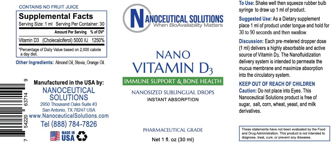 Highly Potent Nanoceutical Solutions Vitamin D3 Liquid Drops - Rapid Absorption, 5000 IU, Bone & Muscle Support - 30ml, 1 Month Supply