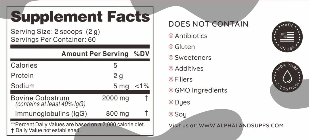Highly Pure Alpha Land Colostrum Powder Supplement for Gut Health, Immune Support, Muscle Recovery & Wellness - 40% IgG Unflavored Colostrum Powder - Ethically Sourced
