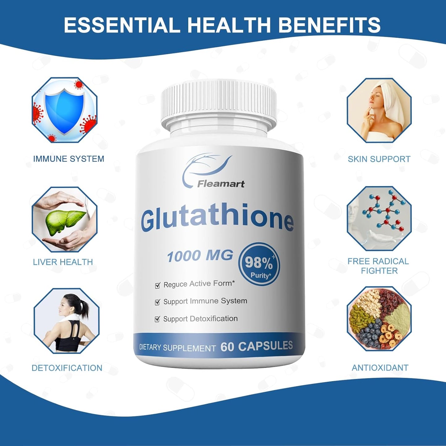 Highly Purified 98%+ Glutathione Supplement for Skin Care & Detox - 1000mg Immune & Liver Support - Made in USA - 2 Packs