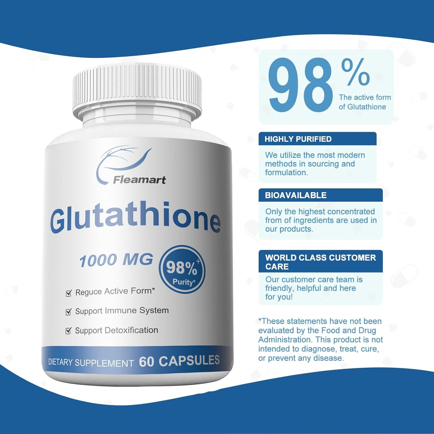 Highly Purified 98%+ Glutathione Supplement for Skin Care & Detox - 1000mg Immune & Liver Support - Made in USA - 2 Packs