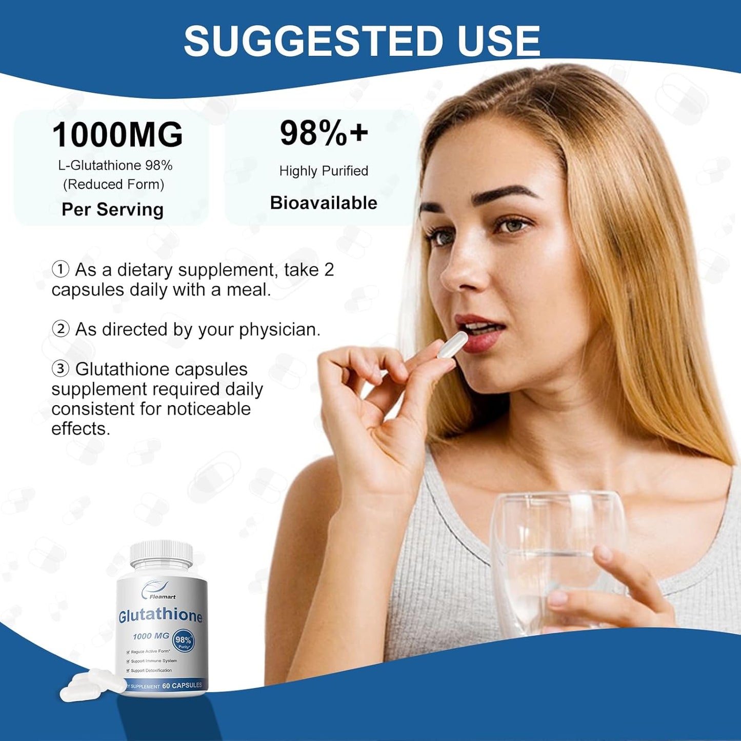 Highly Purified 98%+ Glutathione Supplement for Skin Care & Detox - 1000mg Immune & Liver Support - Made in USA - 2 Packs