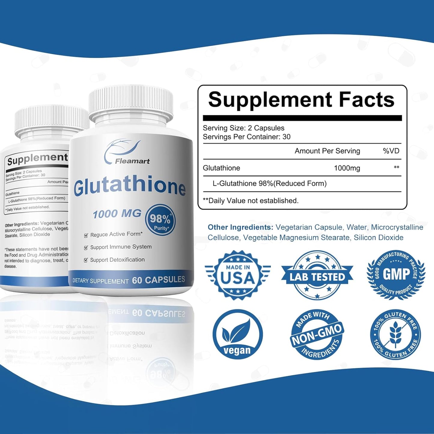 Highly Purified 98%+ Glutathione Supplement for Skin Care & Detox - 1000mg Immune & Liver Support - Made in USA - 2 Packs