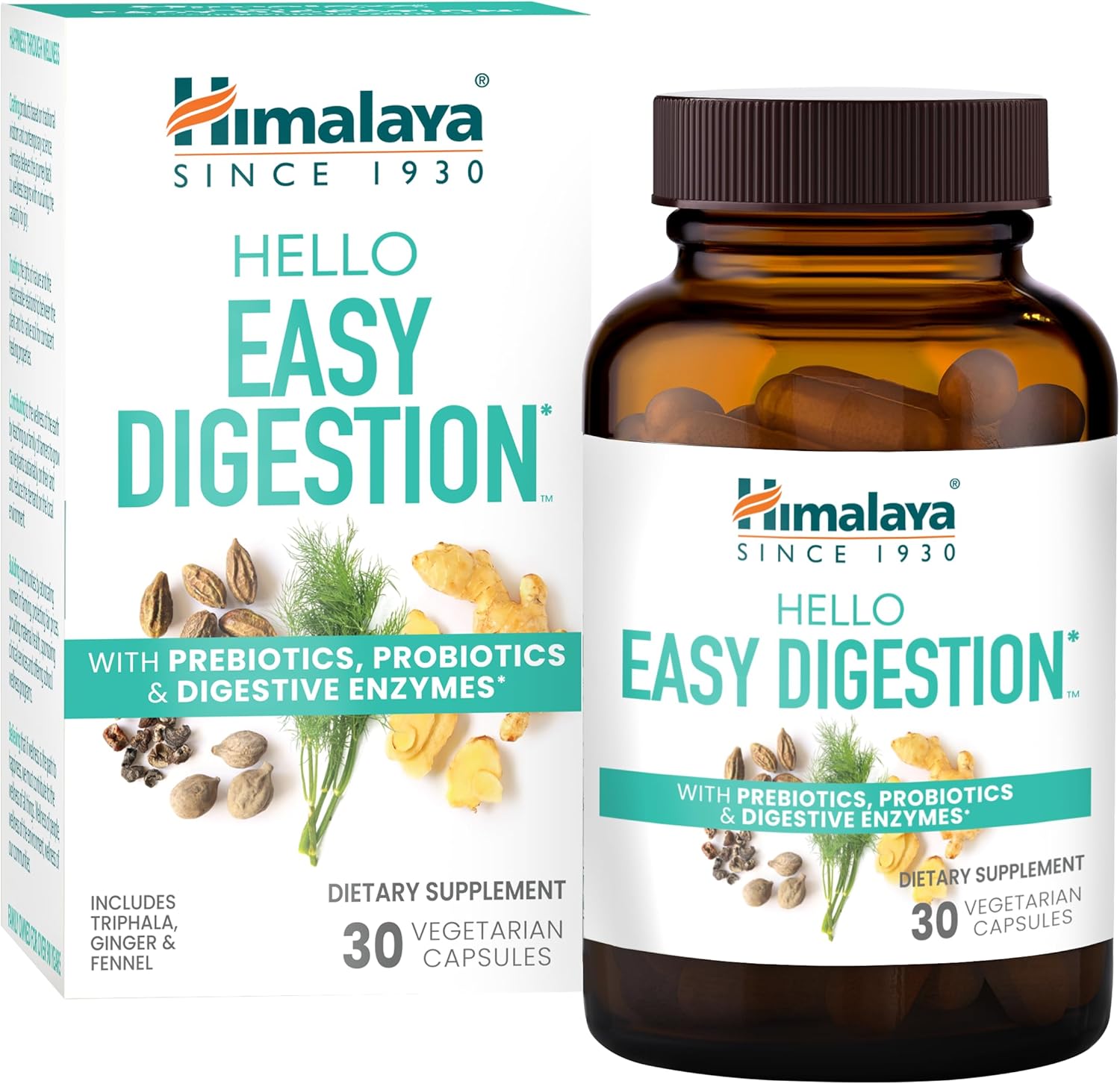 Himalaya Hello Easy Digestion Capsules with Probiotics, Prebiotics, and Herbal Support - 30 Vegetarian Capsules
