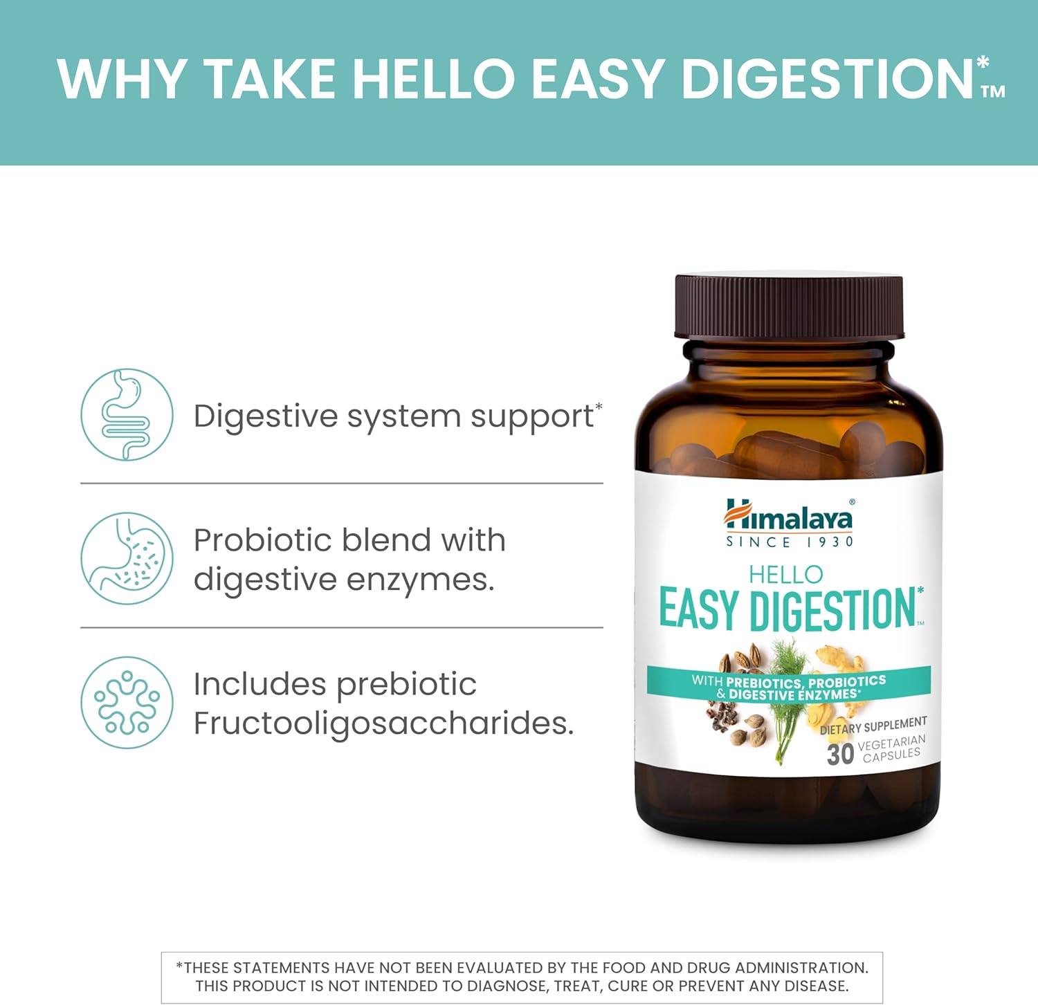 Himalaya Hello Easy Digestion Capsules with Probiotics, Prebiotics, and Herbal Support - 30 Vegetarian Capsules
