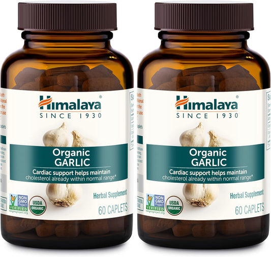 Himalaya Organic Garlic Caplets, 1,400 mg - 60 Count (Pack of 2) for Lipid Metabolism and Immune Support, 1 Month Supply