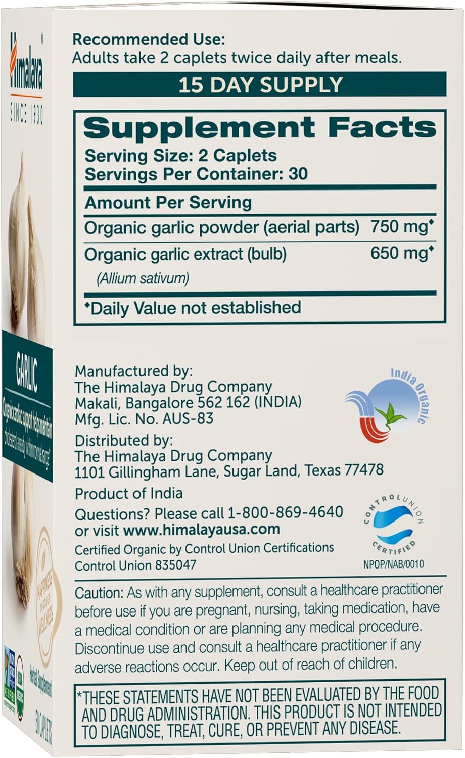 Himalaya Organic Garlic Caplets, 1,400 mg - 60 Count (Pack of 2) for Lipid Metabolism and Immune Support, 1 Month Supply