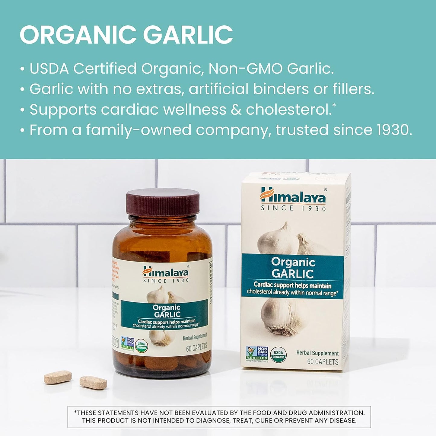 Himalaya Organic Garlic Caplets, 1,400 mg - 60 Count (Pack of 2) for Lipid Metabolism and Immune Support, 1 Month Supply