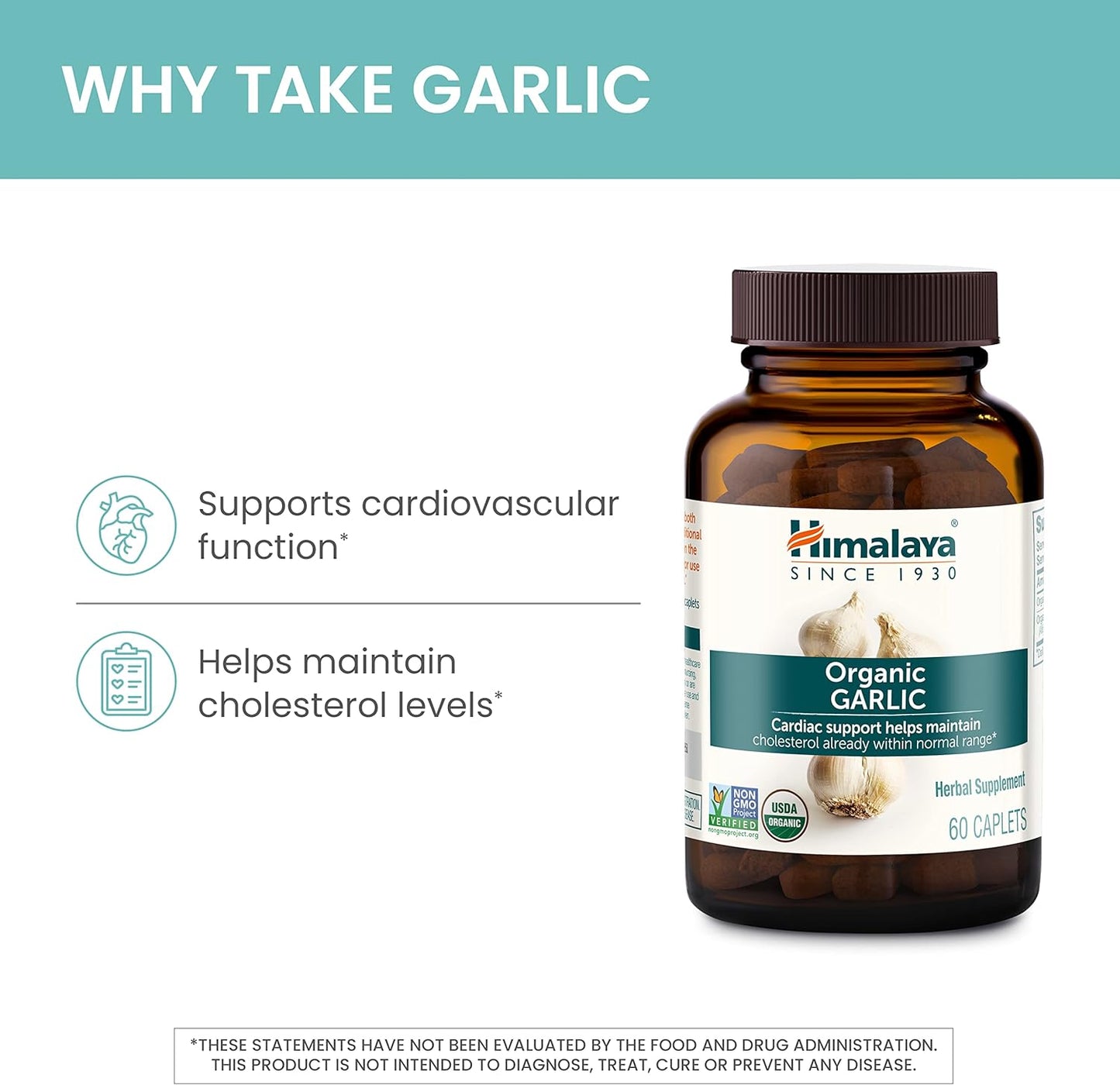 Himalaya Organic Garlic Caplets, 1,400 mg - 60 Count (Pack of 2) for Lipid Metabolism and Immune Support, 1 Month Supply
