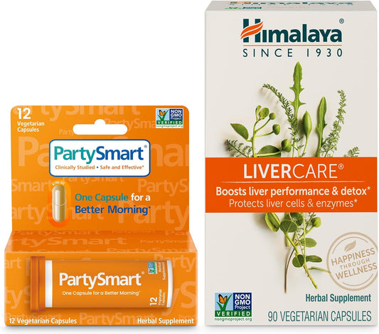 Himalaya PartySmart & LiverCare Bundle: 12 Caps for Hangover Relief + 90 Caps for Liver Support & Cleanse
