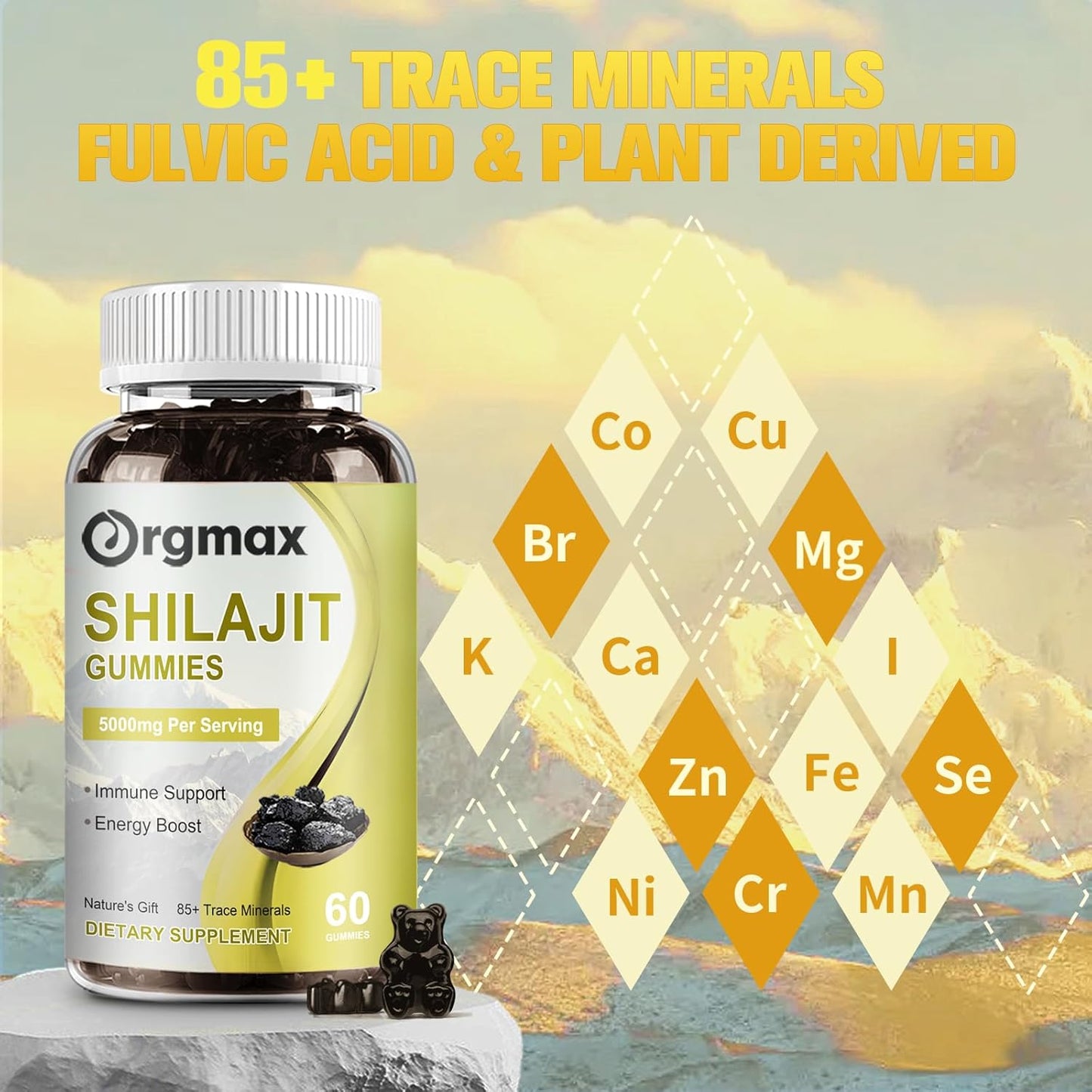 Himalayan Organic Shilajit Gummies 5000MG Supplement with 85+ Trace Minerals for Energy & Immune Support - 120 Count