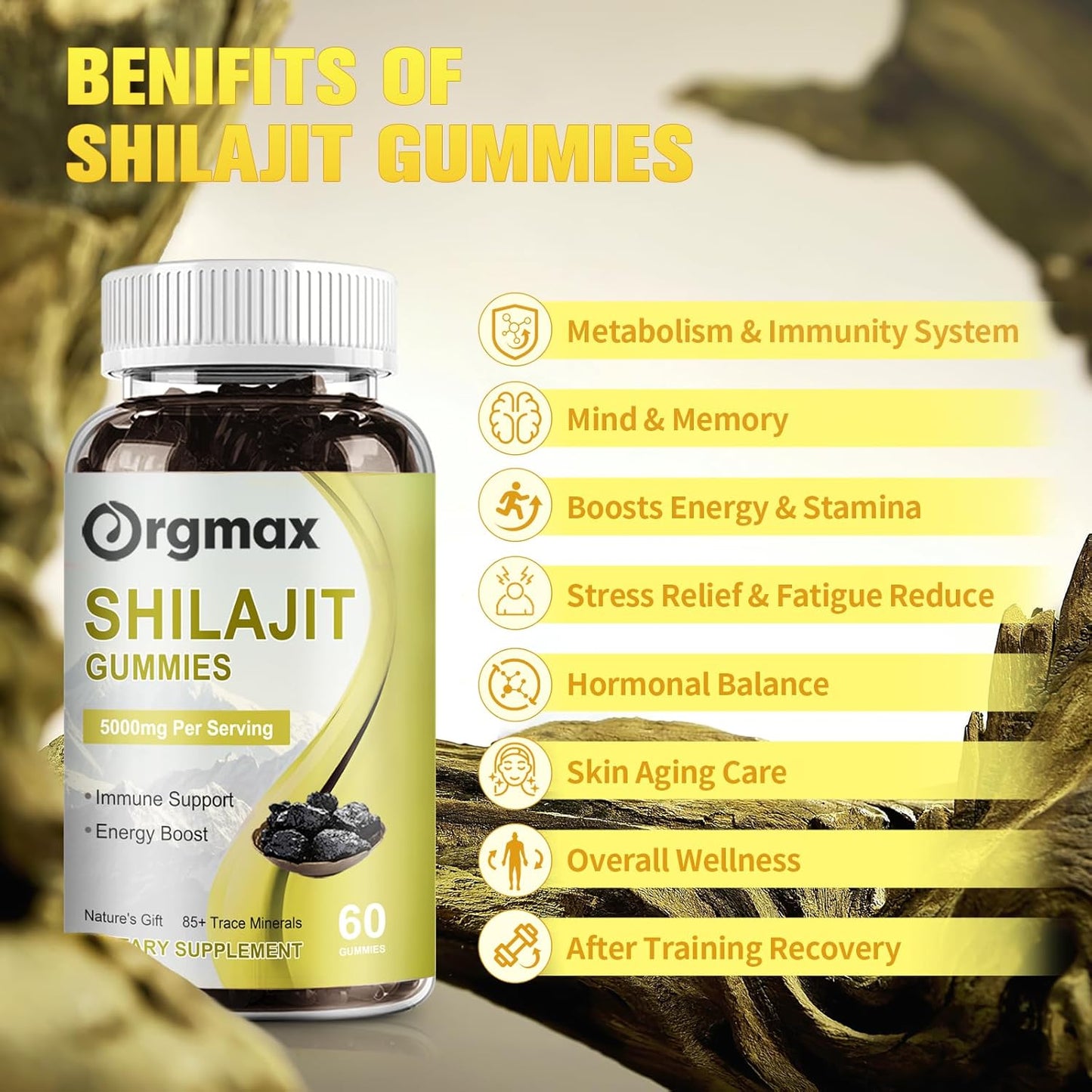 Himalayan Organic Shilajit Gummies 5000MG Supplement with 85+ Trace Minerals for Energy & Immune Support - 120 Count