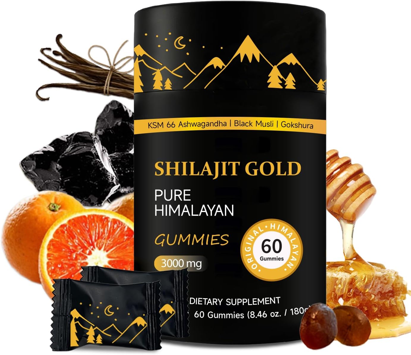 Himalayan Shilajit Gummies with Ashwagandha and Gokshura - Non-GMO, Lab Tested, 85+ Trace Minerals - 60 Gummies