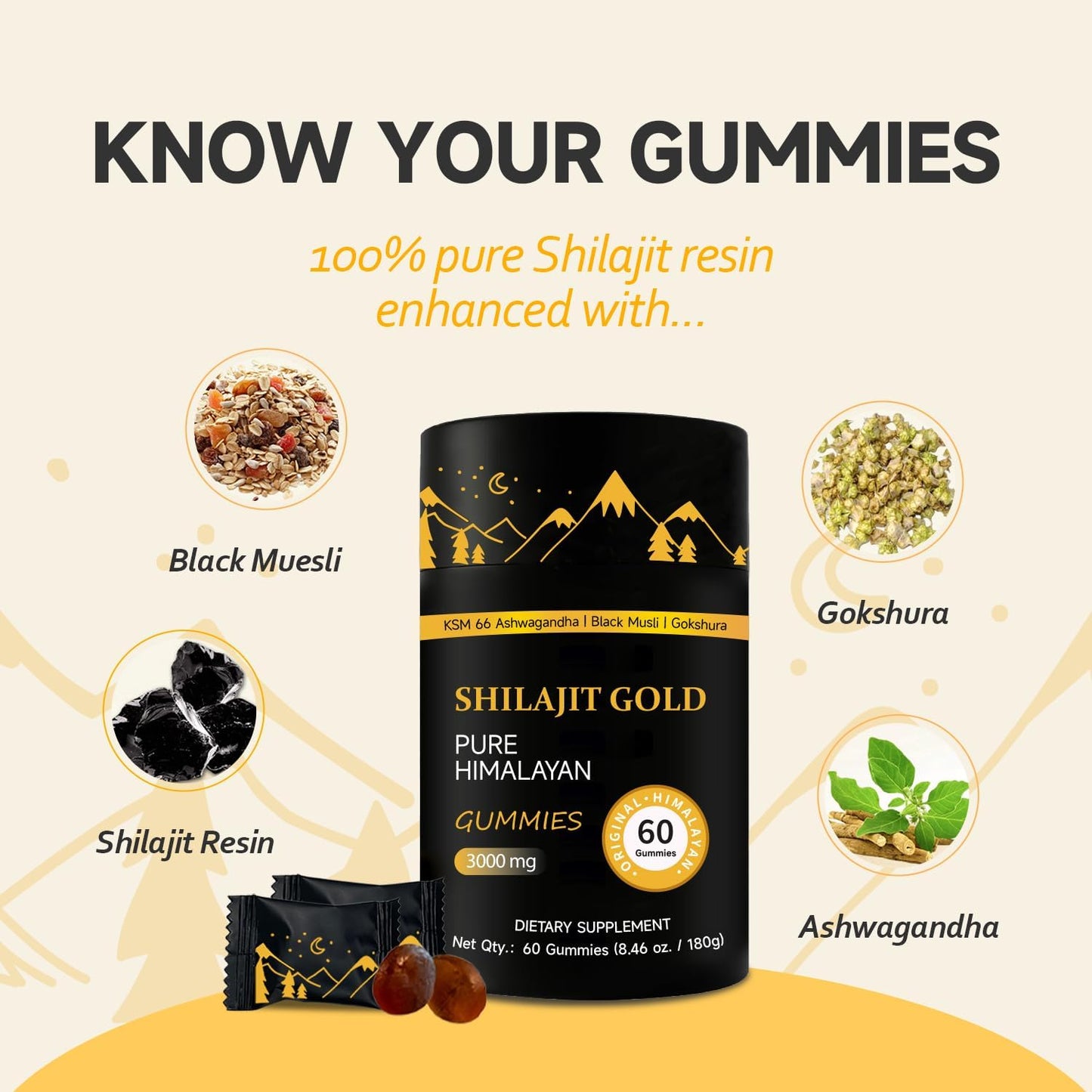 Himalayan Shilajit Gummies with Ashwagandha and Gokshura - Non-GMO, Lab Tested, 85+ Trace Minerals - 60 Gummies