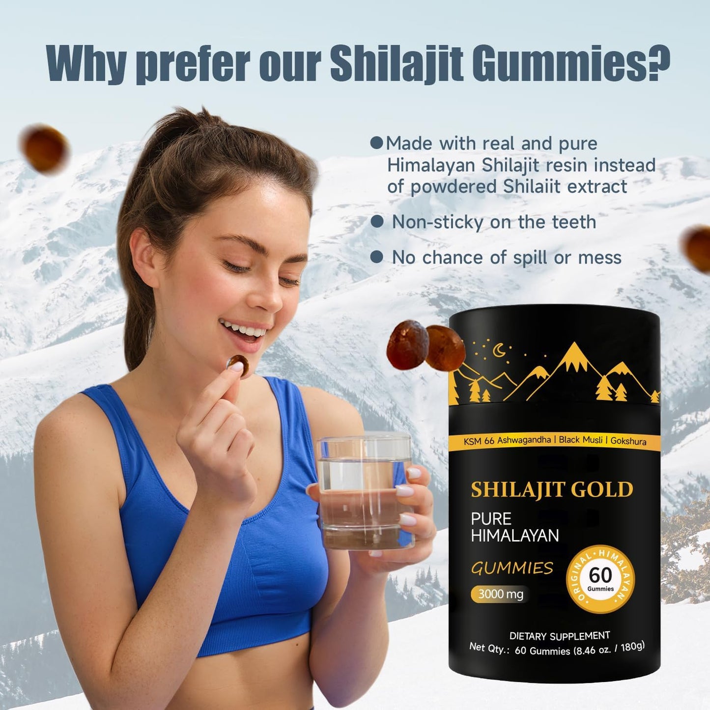 Himalayan Shilajit Gummies with Ashwagandha and Gokshura - Non-GMO, Lab Tested, 85+ Trace Minerals - 60 Gummies
