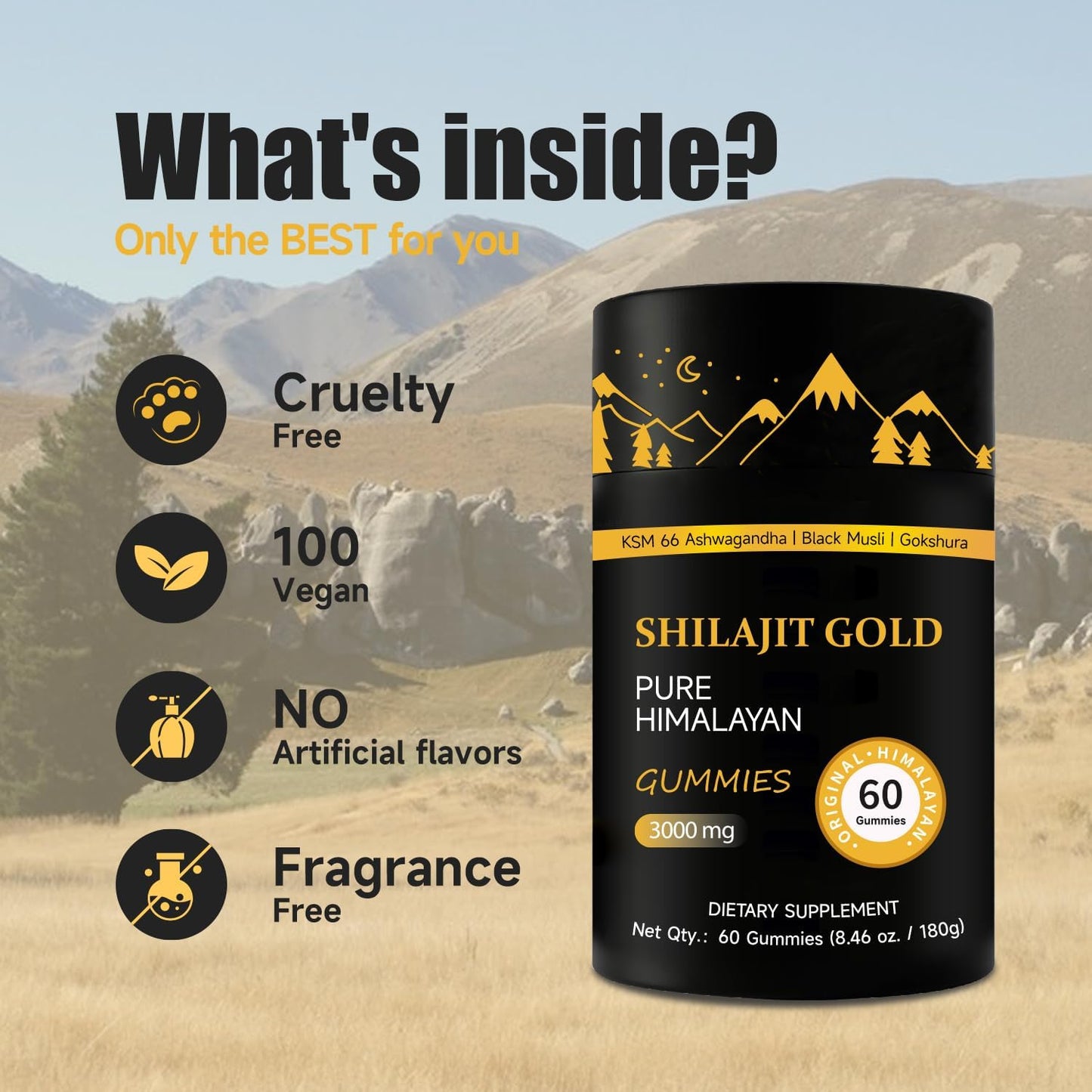 Himalayan Shilajit Gummies with Ashwagandha and Gokshura - Non-GMO, Lab Tested, 85+ Trace Minerals - 60 Gummies