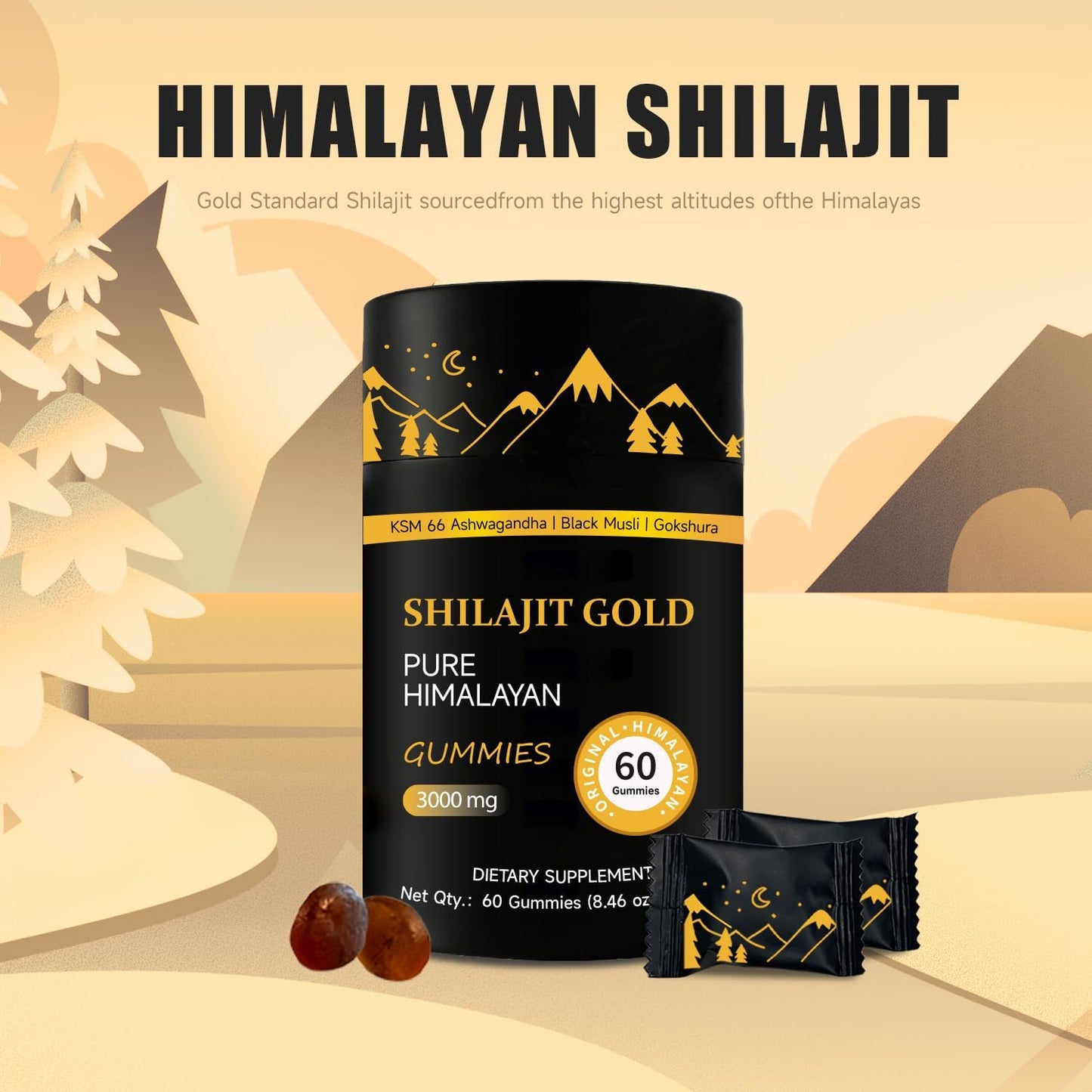 Himalayan Shilajit Gummies with Ashwagandha and Gokshura - Non-GMO, Lab Tested, 85+ Trace Minerals - 60 Gummies