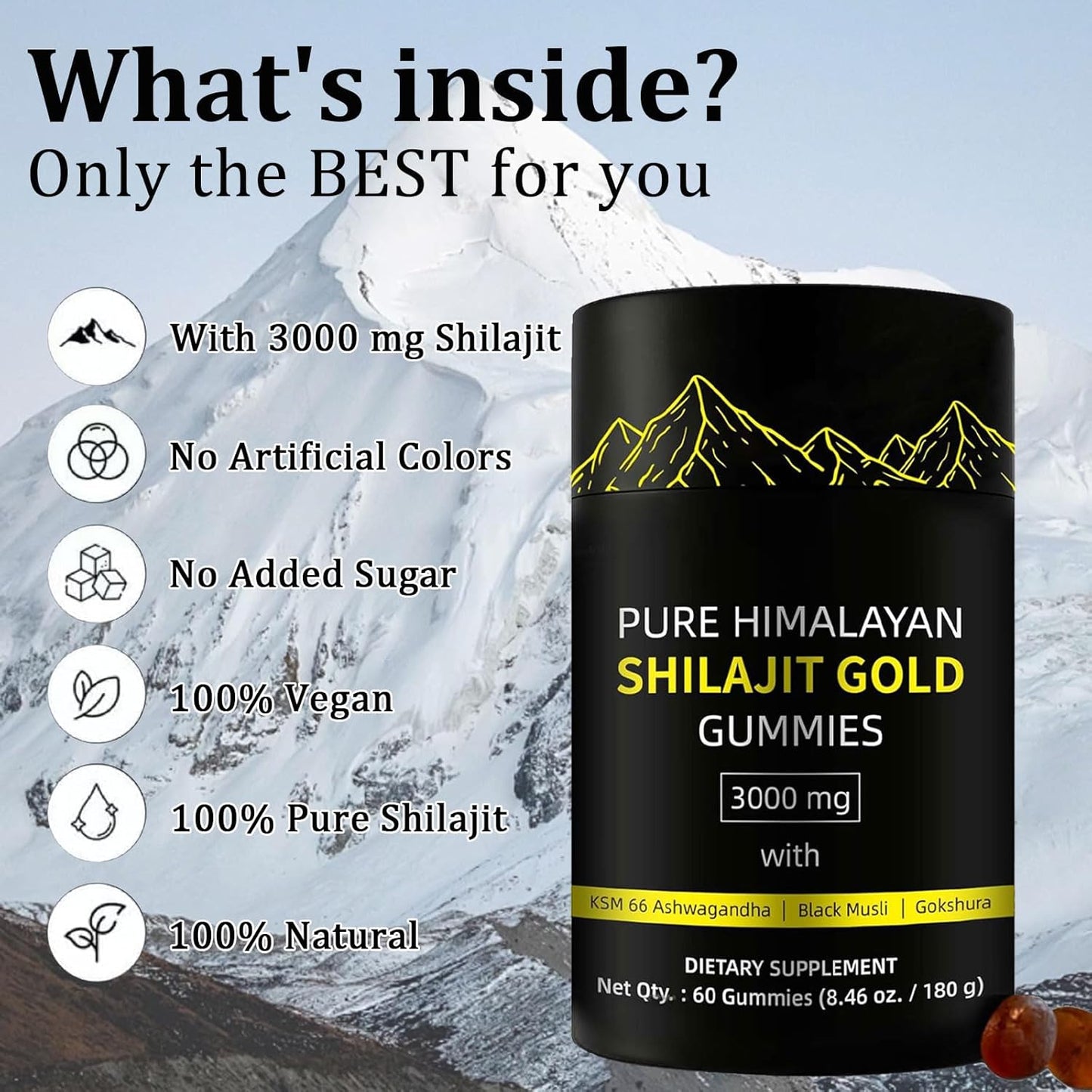 Himalayan Shilajit Gummies with Ashwagandha & Gokshura | Lab Tested | Non-GMO | 85+ Trace Minerals | No Added Sugar | 60 Gummies