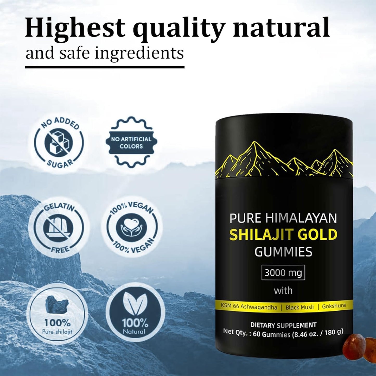 Himalayan Shilajit Gummies with Ashwagandha & Gokshura | Lab Tested | Non-GMO | 85+ Trace Minerals | No Added Sugar | 60 Gummies