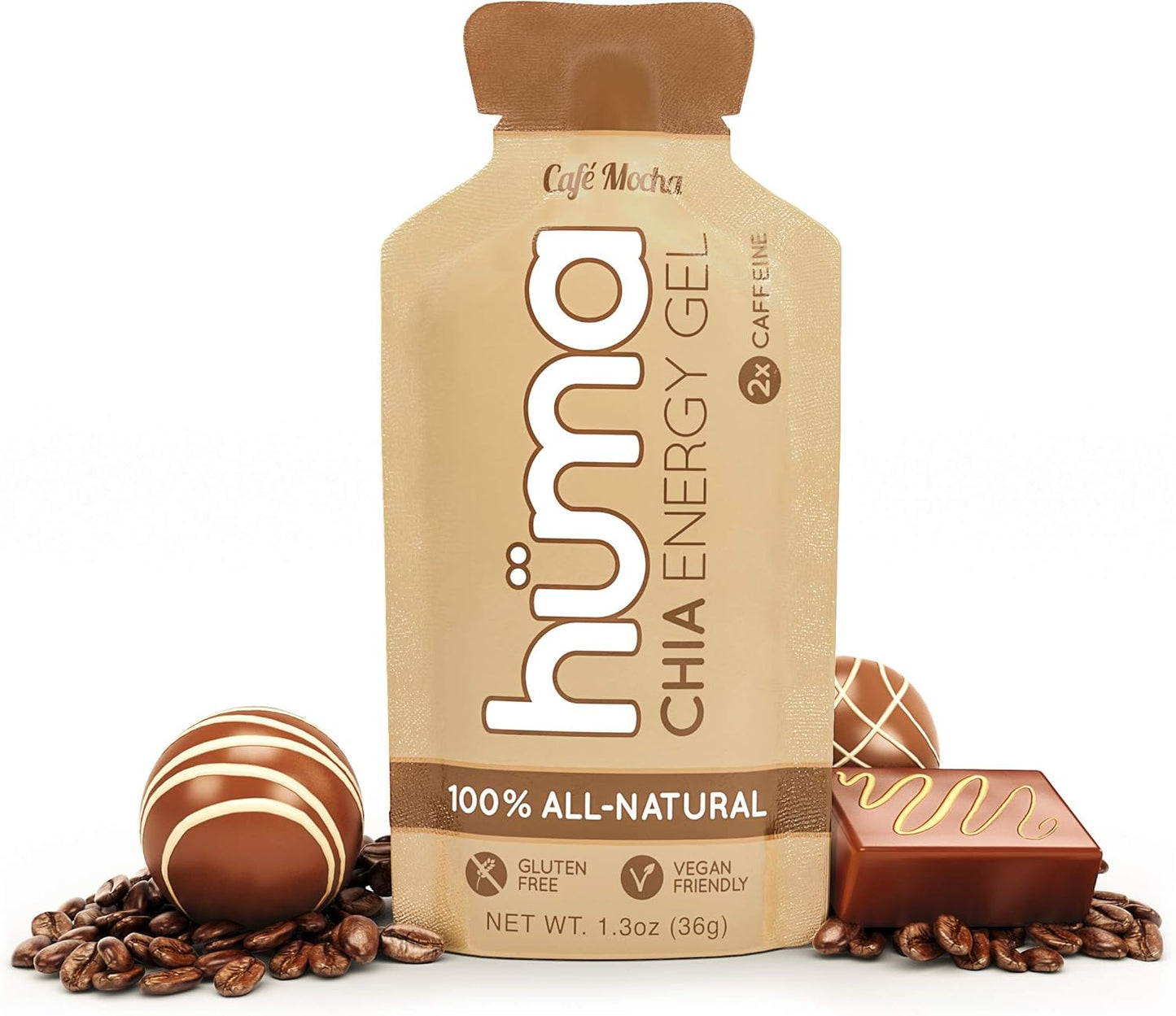 HÜMA Chia Energy Gel, Café Mocha Flavor, 12 Gels with 2x Caffeine - Top Sports Nutrition for Endurance Workouts