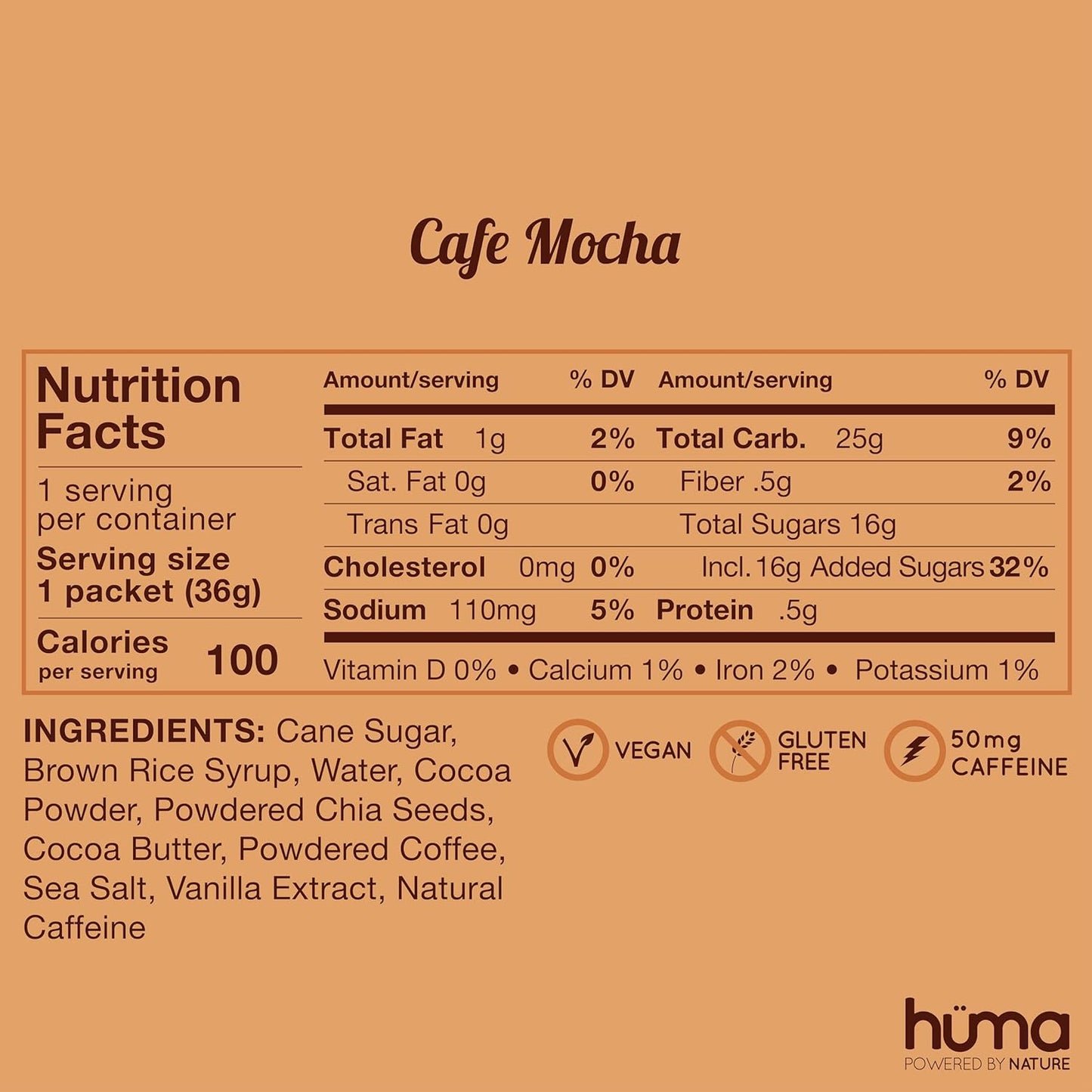 HÜMA Chia Energy Gel, Café Mocha Flavor, 12 Gels with 2x Caffeine - Top Sports Nutrition for Endurance Workouts