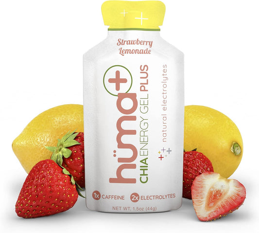 HÜMA CHIA ENERGY GEL Huma Plus - Double Electrolytes, Strawberry Lemonade Flavor, 12 Gels, with Caffeine - Natural Energy Boost for Active Individuals