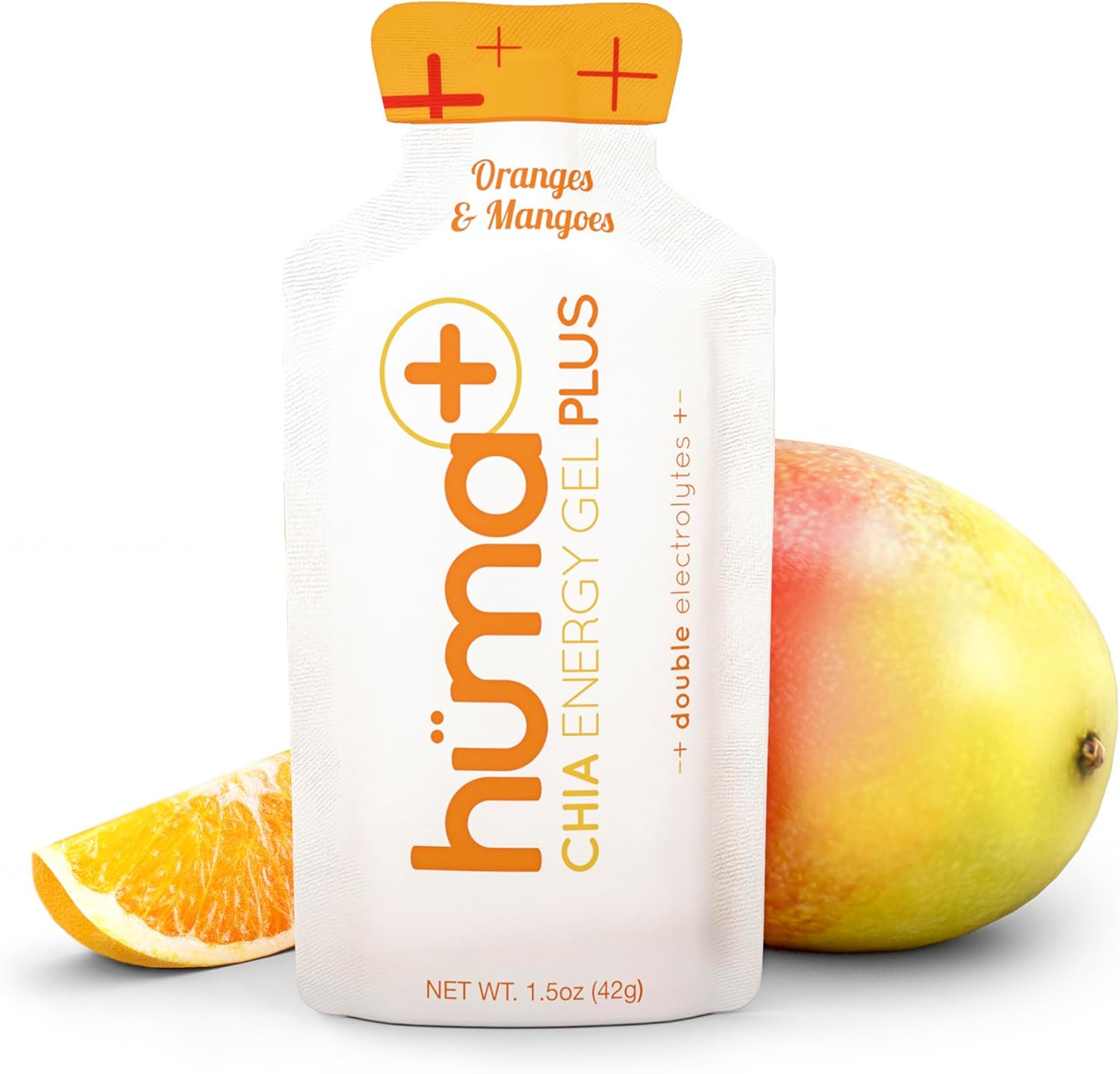 HÜMA CHIA ENERGY GEL Huma Plus - Orange Mango Flavor, 24 Pack, Double Electrolytes, Real Food Energy Gels