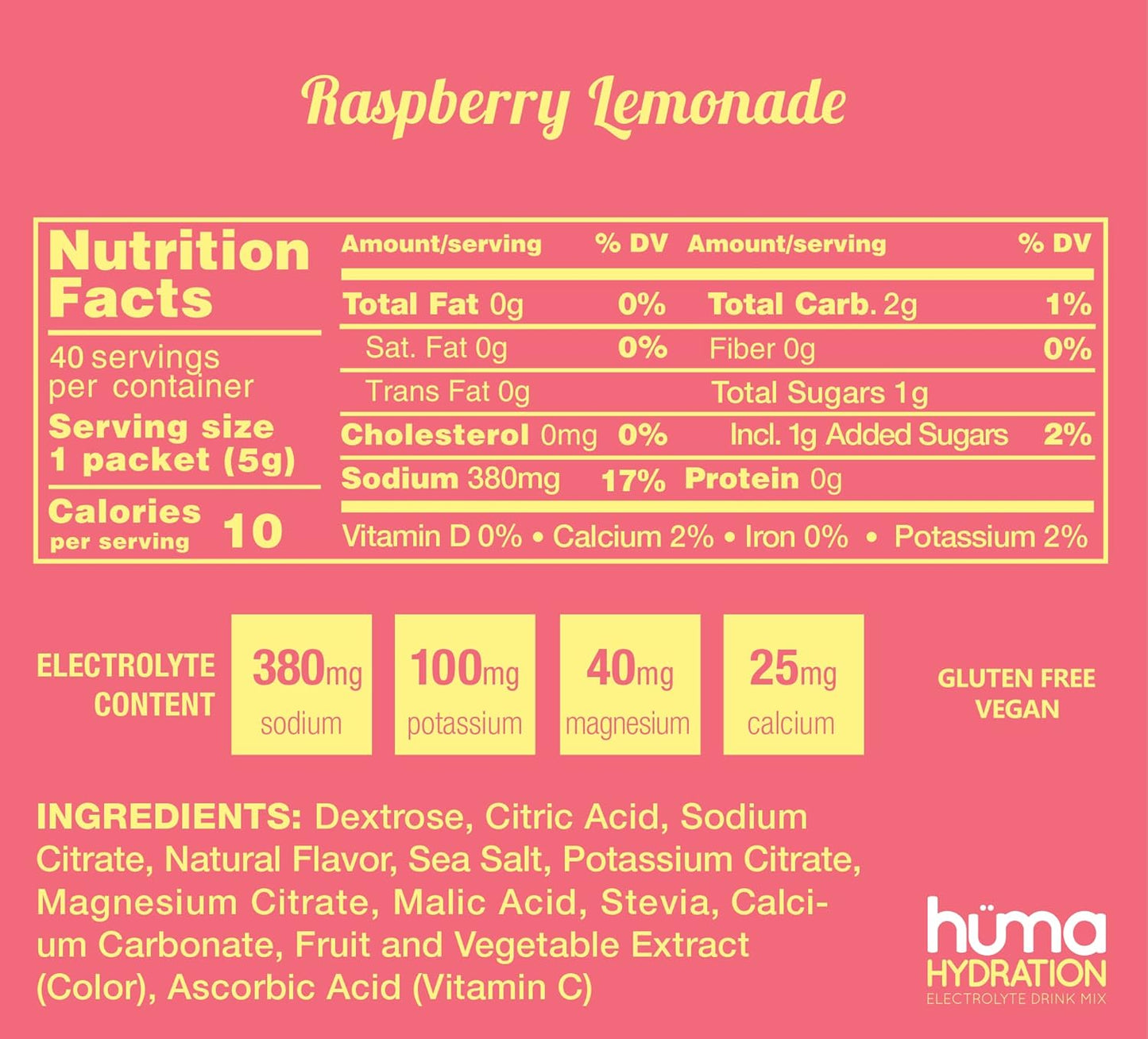 HÜMA CHIA Hydration Drink Mix, Raspberry Lemonade - Low Calorie, High Electrolyte Powder - 100% Natural, 40 Servings